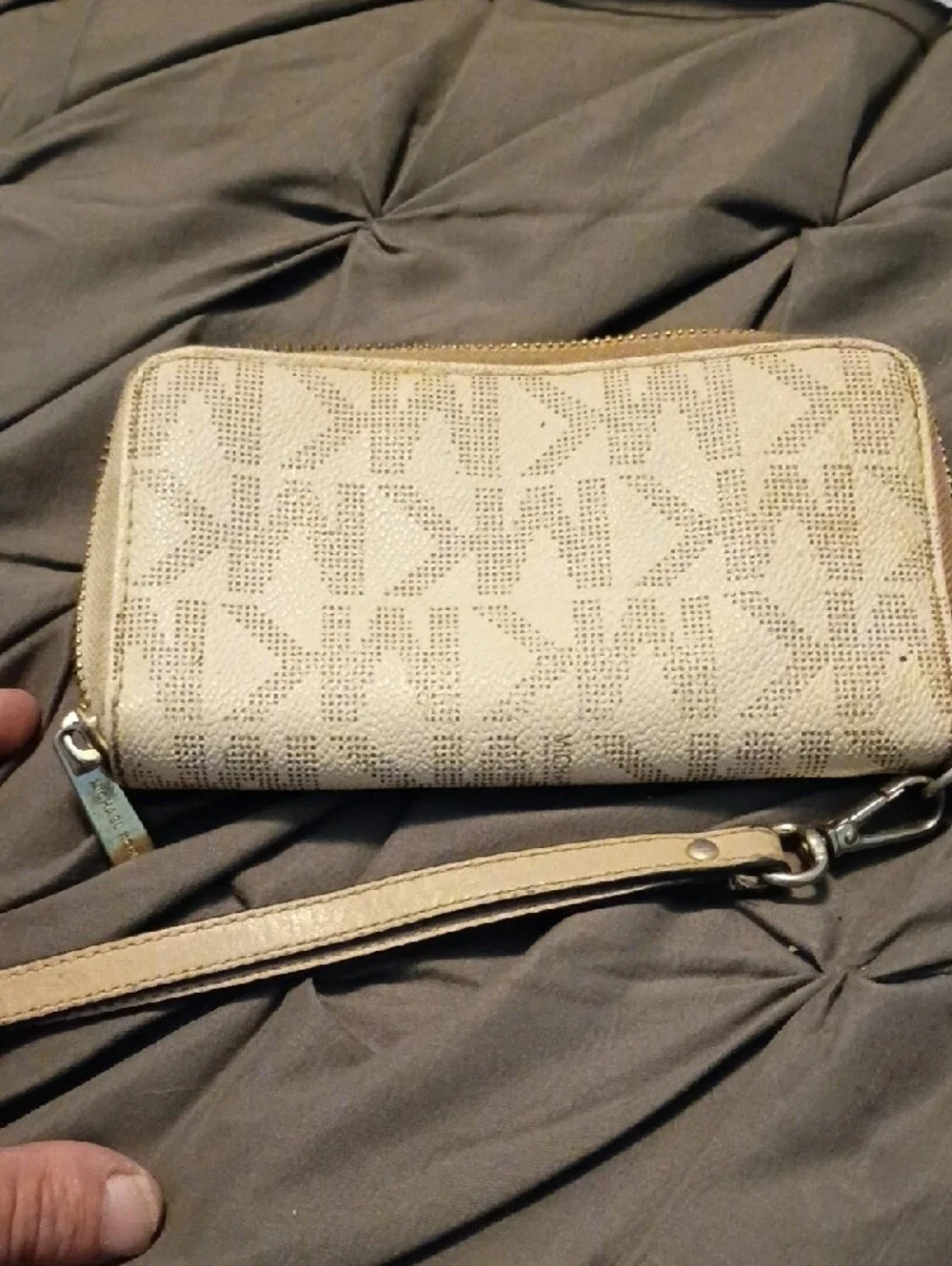 Michael Kors Beige Logo Wristlet Clutch with Gold Plate